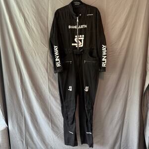 Shane Justin Runway Jumpsuit Black Denim Boiler Suit XL SJ Logo Streetwear